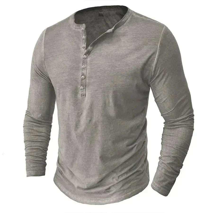 Aiden | Herren Langarm-Henley Henley-Kragen – 6-Knopf-Leiste – Baumwolle Hirschfeld Grau S 