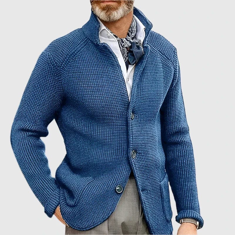 Abel | Herren Cardigan V-Ausschnitt – Blazer-inspiriertes Design – Materialmix Hirschfeld Ozeanblau XS 