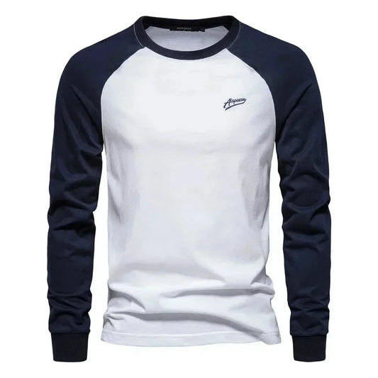Mike | Herren Longsleeve Raglan – Rundhals – Baumwolle – Baseball-Style Hirschfeld Blau Weiß S 