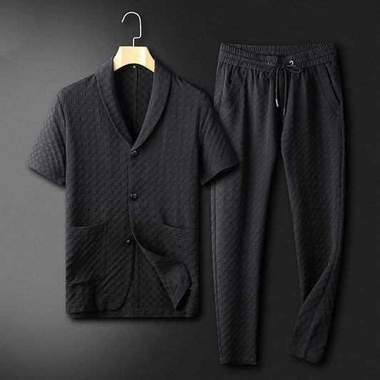 Edward | Herren Business Sommer-Set Kurzarm Schalkragen – leicht & knitterarm – baumwollreicher Strukturstoff Hirschfeld Schwarz XS 