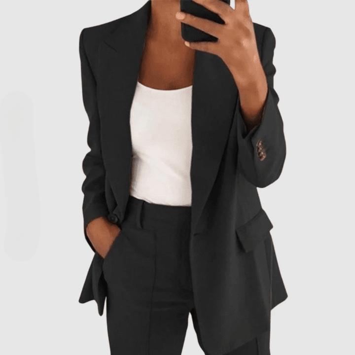 Bella | Damen Blazer-Set – Ein-Knopf-Blazer & Hose – Regular Fit – semi-stretch – Baumwolle-Seide sadiluxe berlin21022024 Hirschfeld Schwarz S 