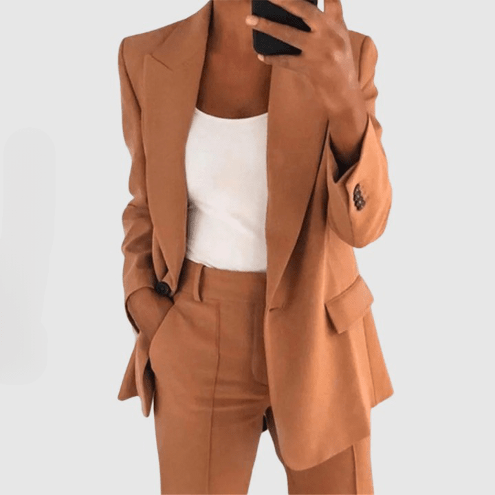 Bella | Damen Blazer-Set – Ein-Knopf-Blazer & Hose – Regular Fit – semi-stretch – Baumwolle-Seide sadiluxe berlin21022024 Hirschfeld Aprikose S 