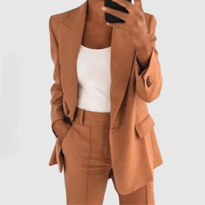 Bella | Damen Blazer-Set – Ein-Knopf-Blazer & Hose – Regular Fit – semi-stretch – Baumwolle-Seide sadiluxe berlin21022024 Hirschfeld Aprikose S 