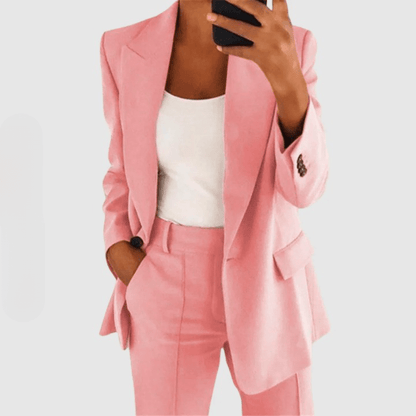 Bella | Damen Blazer-Set – Ein-Knopf-Blazer & Hose – Regular Fit – semi-stretch – Baumwolle-Seide sadiluxe berlin21022024 Hirschfeld Rosa S 