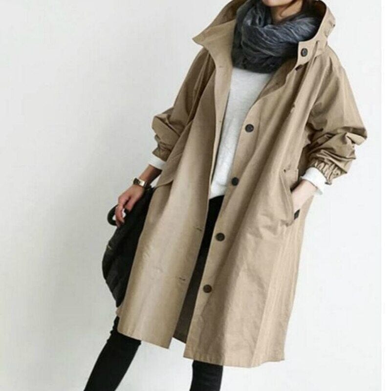 Abigail | Damen Trenchcoat mit Kapuze – leicht & atmungsaktiv – taillierte Silhouette – Übergangsmantel csvnovember Hirschfeld Khaki S 