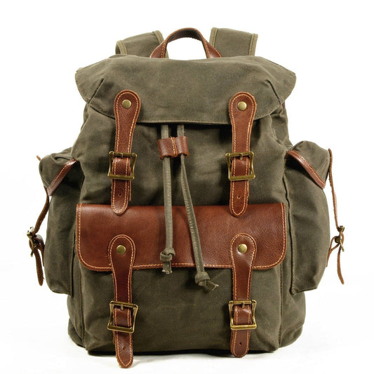 Rick | Rolltop-Rucksack Herren/Unisex – gewachstes Canvas & Vollnarbenleder – Laptopfach 15,6″ – 30 L – wasserabweisend canvas backpack Hirschfeld Grün Militär 