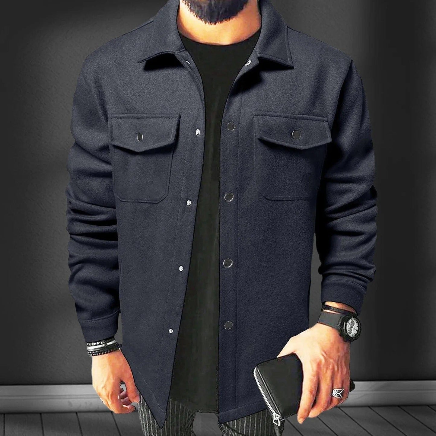 Willie | Herren Overshirt aus Flanell-Woll-Mix – Oversized Fit – Druckknöpfe – Utility-Taschen – Reverskragen Hirschfeld Marineblau S 