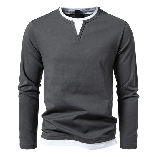 Lucas | Herren Langarm-Henley mit V-Ausschnitt – doppellagiger Look – Stretch-Baumwolle Hirschfeld Grau S 