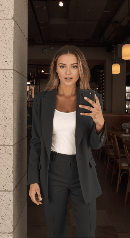 Bella | Damen Blazer-Set – Ein-Knopf-Blazer & Hose – Regular Fit – semi-stretch – Baumwolle-Seide sadiluxe berlin21022024 Hirschfeld 